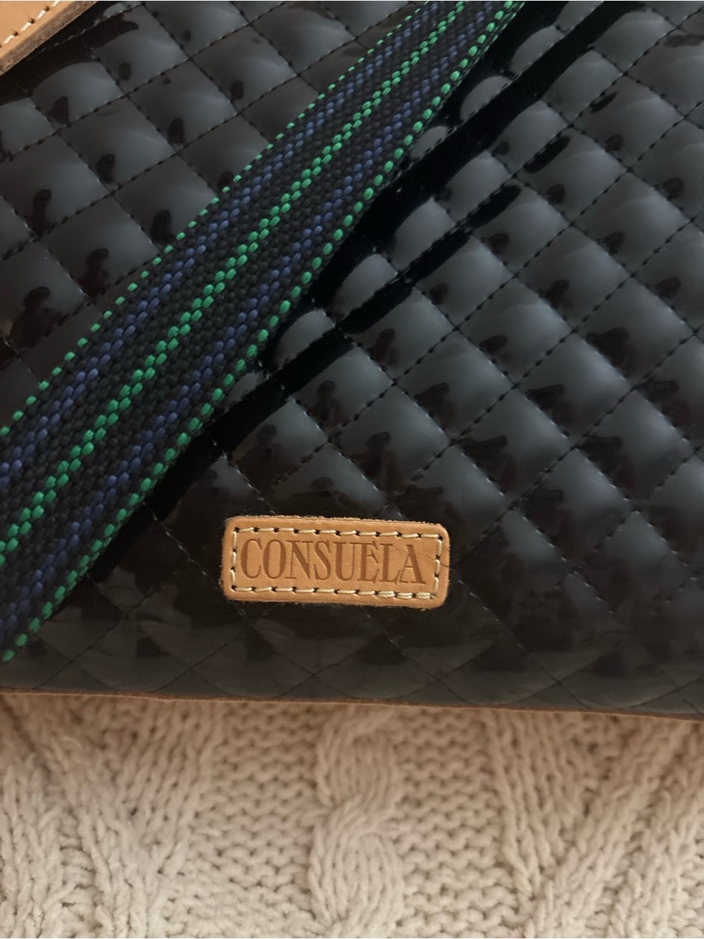 Consuela Quilted Patent Crossbody with Striped Webbing Strap - Black & Green